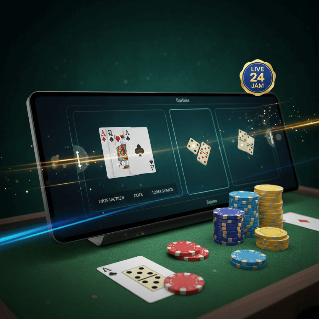 Ilustrasi bandar kartu online 24 jam di layar laptop dengan chip poker dan kartu permainan